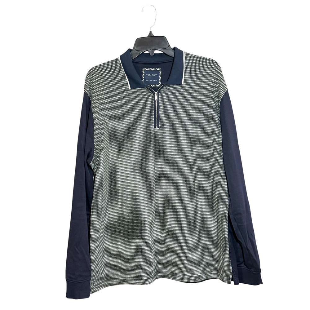 Denim & Flower Ricky Singh Men's Long Sleeve Zippered Polo Navy Patterned Large